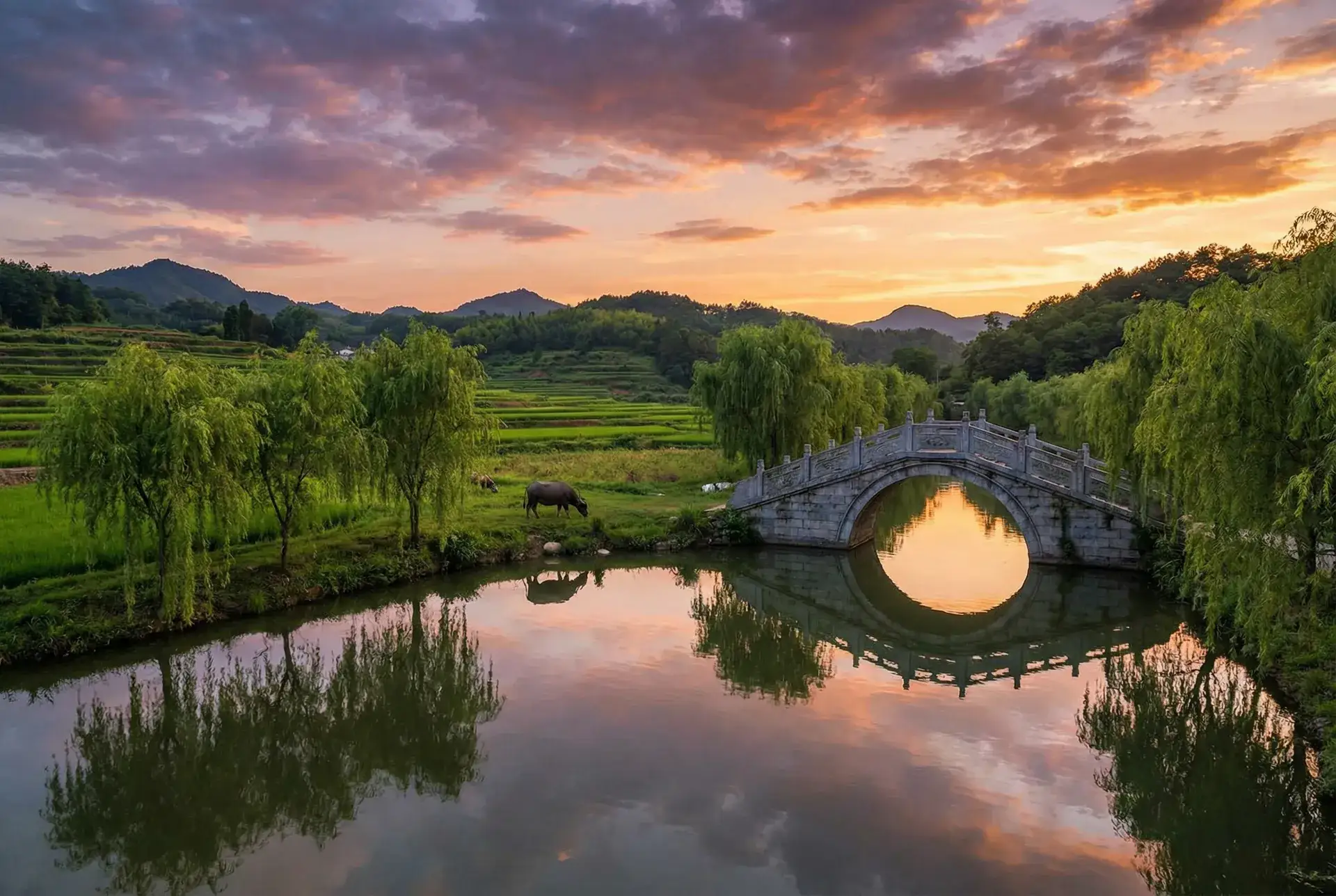 夕阳下的石拱桥与垂柳，水牛在河边吃草 - 公交车上的刺激战场 乡村美景